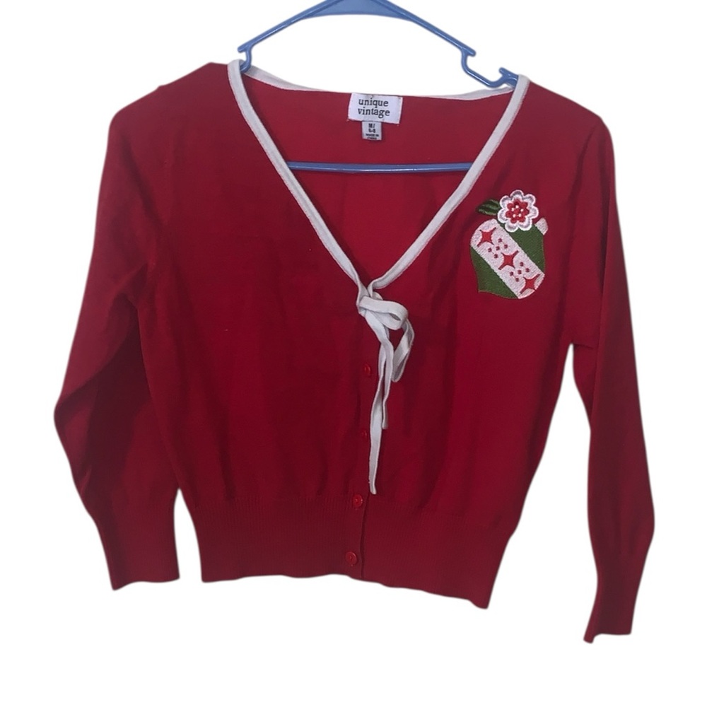 Unique Vintage Red Shrug Cardigan Sweater V-neck Button Up Tie embroidered